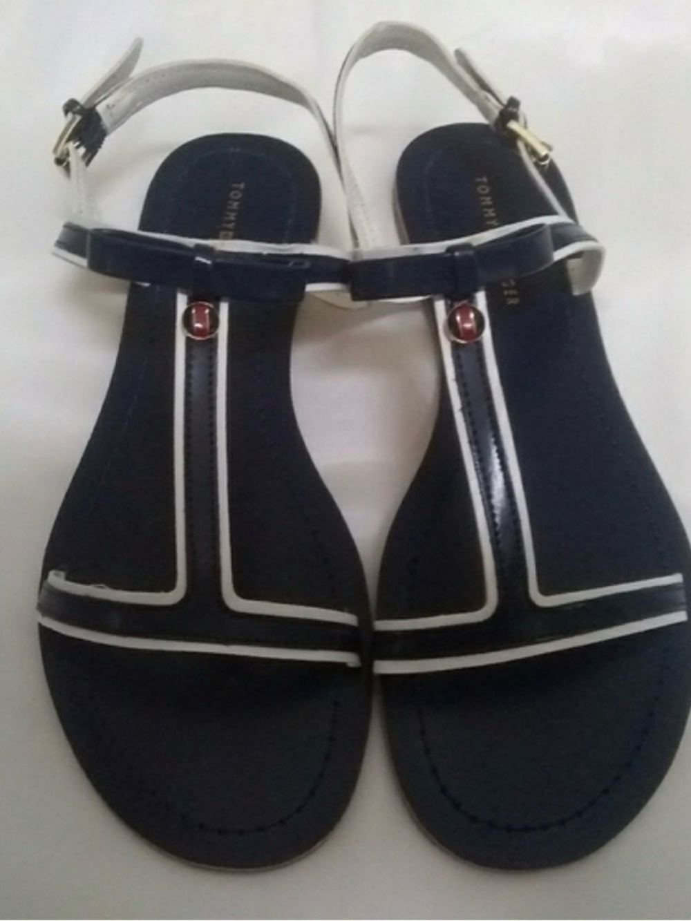 Tommy Hilfiger Navy and White T-Strap Sandals - Women's